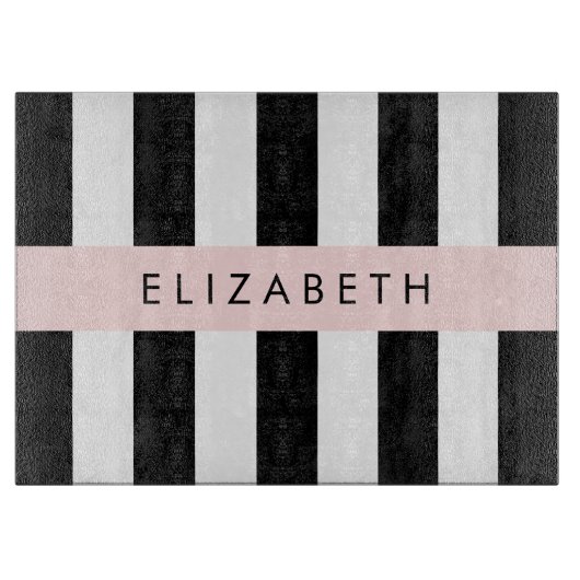 白黒ストライプのストライプの文字、行、名前 カッティングボード (正面)