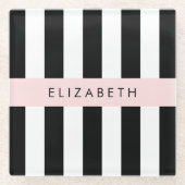 白黒ストライプのストライプの文字、行、名前 ガラスコースター (正面)