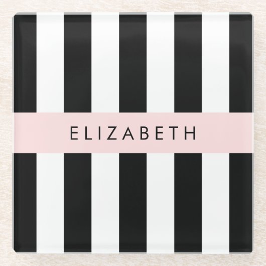 白黒ストライプのストライプの文字、行、名前 ガラスコースター (正面)