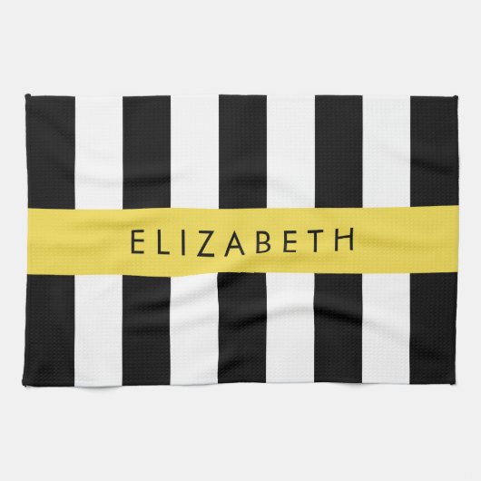 白黒ストライプのストライプの文字、行、名前 キッチンタオル (横)