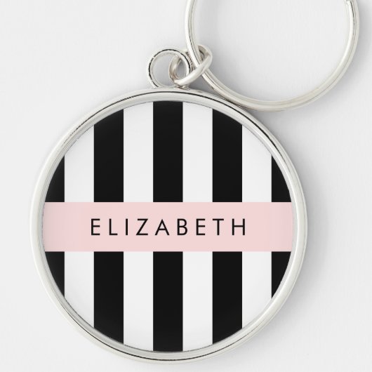 白黒ストライプのストライプの文字、行、名前 キーホルダー (正面)