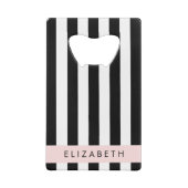 白黒ストライプのストライプの文字、行、名前 クレジットカード栓抜き (裏面)