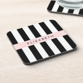 白黒ストライプのストライプの文字、行、名前 コースター (左側)