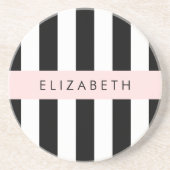 白黒ストライプのストライプの文字、行、名前 コースター (正面)