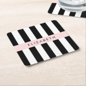 白黒ストライプのストライプの文字、行、名前 スクエアペーパーコースター (アングル)