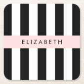 白黒ストライプのストライプの文字、行、名前 スクエアペーパーコースター (正面)