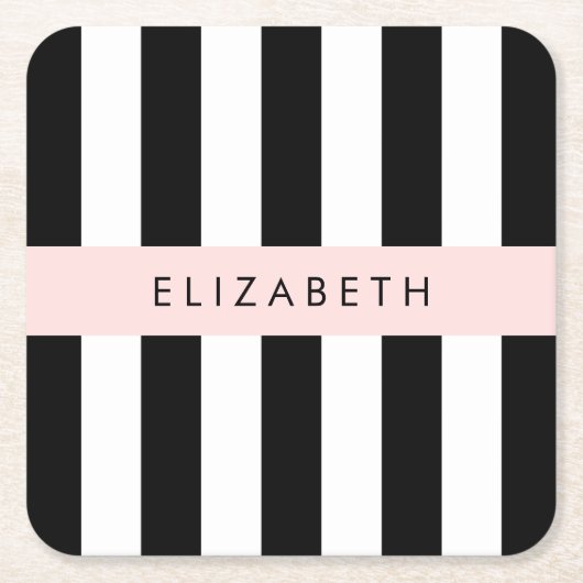 白黒ストライプのストライプの文字、行、名前 スクエアペーパーコースター (正面)