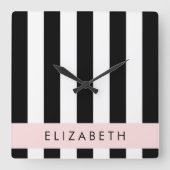 白黒ストライプのストライプの文字、行、名前 スクエア壁時計 (正面)