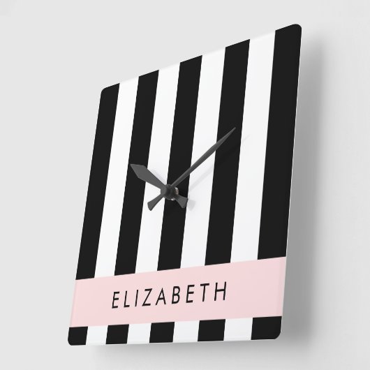 白黒ストライプのストライプの文字、行、名前 スクエア壁時計 (傾斜)