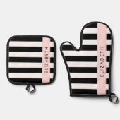 白黒ストライプのストライプの文字、行、名前 鍋つかみ&鍋敷きセット (正面)