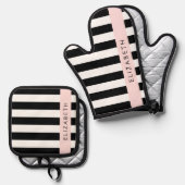 白黒ストライプのストライプの文字、行、名前 鍋つかみ&鍋敷きセット (正面/裏面)