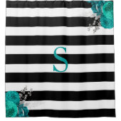 白黒ストライプのティール（緑がかった色）銀フローラモノグラム シャワーカーテン (正面)