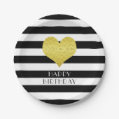 白黒ストライプのハッピーバースデー金ゴールドハート ペーパープレート (正面)