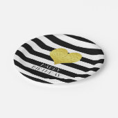 白黒ストライプのハッピーバースデー金ゴールドハート ペーパープレート (アングル)