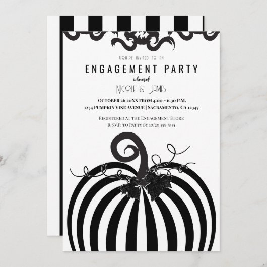 白黒ストライプのパンプキン秋婚約パーティ 招待状 (正面/裏面)