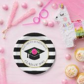 白黒ストライプのピンクフローラ卒業パーティー ペーパープレート (パーティー)