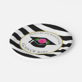 白黒ストライプのピンクフローラ卒業パーティー ペーパープレート (アングル)