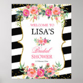 白黒ストライプのピンクフローラ歓迎サイン ポスター (正面)