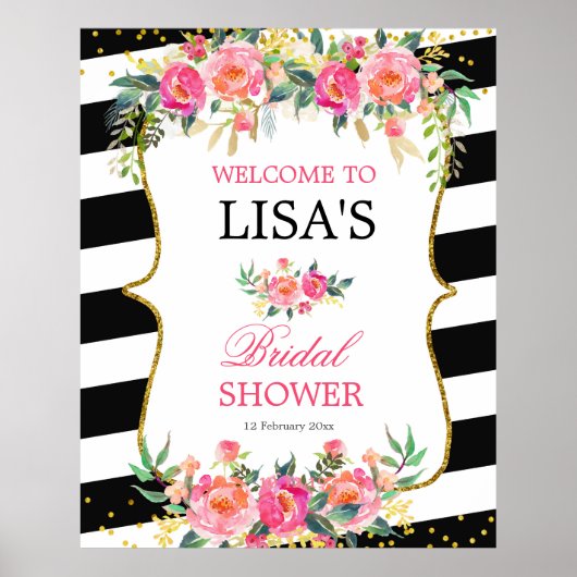 白黒ストライプのピンクフローラ歓迎サイン ポスター (正面)