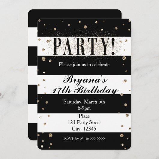 白黒ストライプのフェイクグリッターパーティの招待状 招待状 (正面/裏面)