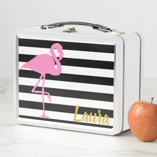 白黒ストライプのフラミンゴとの名前をカスタムする メタルランチボックス (インサイチュ)