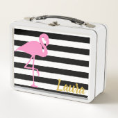 白黒ストライプのフラミンゴとの名前をカスタムする メタルランチボックス (正面)