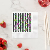 白黒ストライプのフローラお洒落 縁ありカクテルナプキン (インサイチュ)