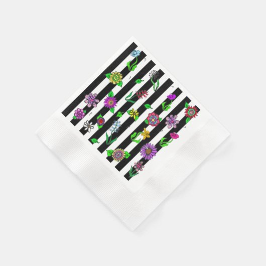 白黒ストライプのフローラお洒落 縁ありカクテルナプキン (角)