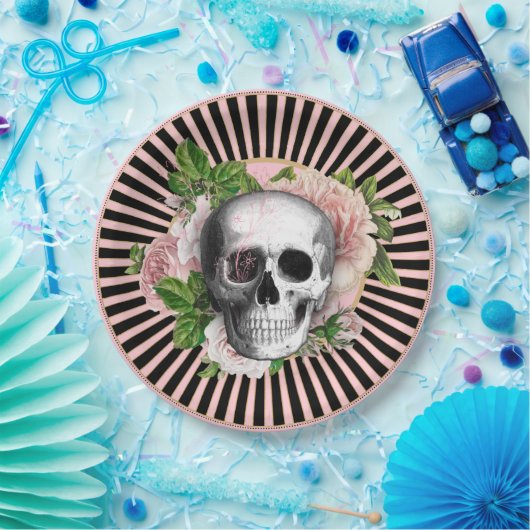 白黒ストライプのフローラスカルプレート ペーパープレート (パーティー)