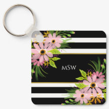 白黒ストライプのフローラパーソナライズされた金ゴールド