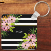 白黒ストライプのフローラパーソナライズされた金ゴールド キーホルダー (裏面)