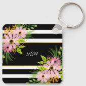 白黒ストライプのフローラパーソナライズされた金ゴールド キーホルダー (裏面)