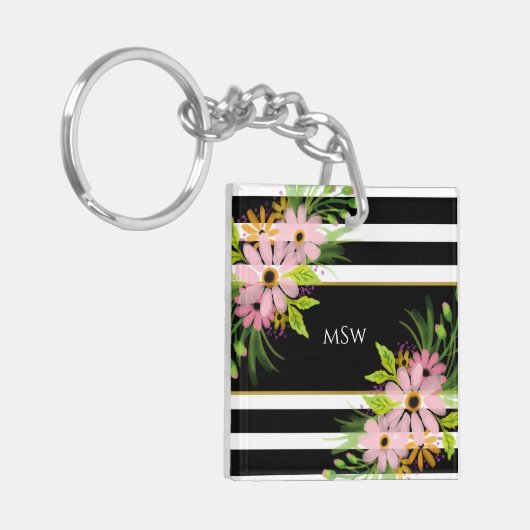 白黒ストライプのフローラパーソナライズされた金ゴールド キーホルダー (正面左)
