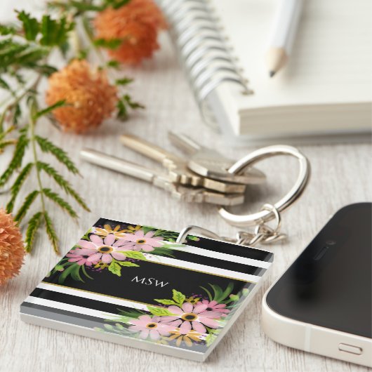 白黒ストライプのフローラパーソナライズされた金ゴールド キーホルダー (正面右)
