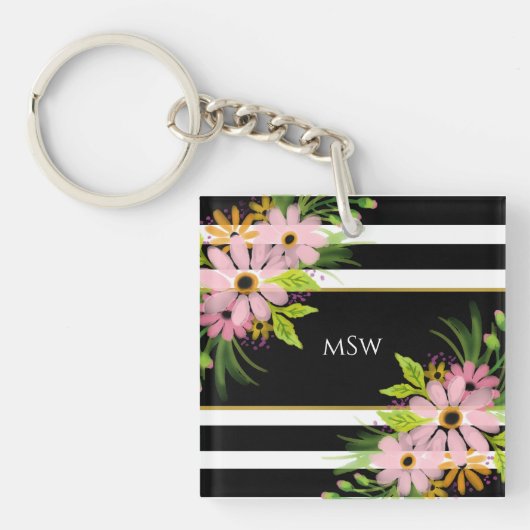 白黒ストライプのフローラパーソナライズされた金ゴールド キーホルダー (正面)