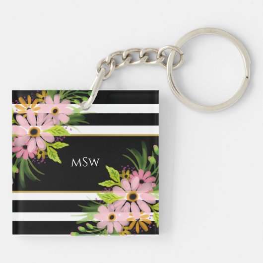 白黒ストライプのフローラパーソナライズされた金ゴールド キーホルダー (裏面)