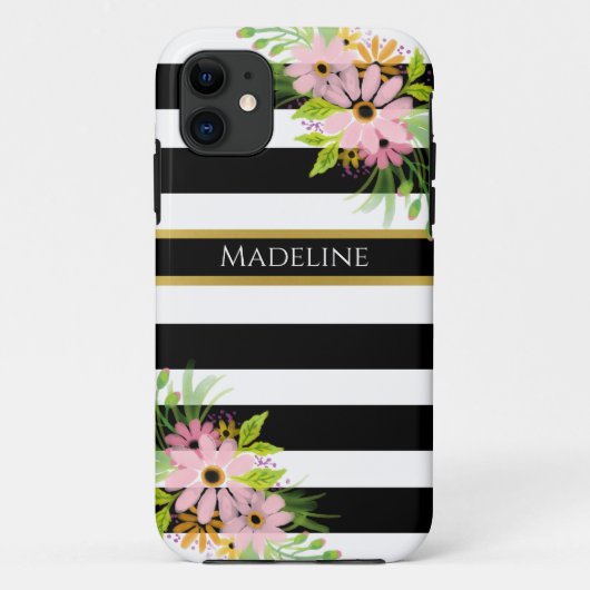 白黒ストライプのフローラ金ゴールド | スタイリッシュ Case-Mate iPhoneケース (裏面)