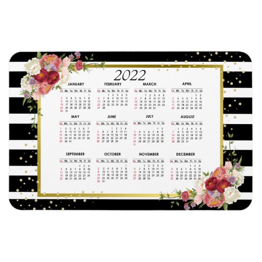 白黒ストライプのフローラ金ゴールド | 2022カレンダー マグネット (横)