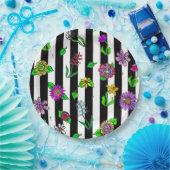 白黒ストライプのフローラ ペーパープレート (パーティー)