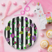 白黒ストライプのフローラ ペーパープレート (パーティー)