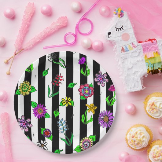 白黒ストライプのフローラ ペーパープレート (パーティー)