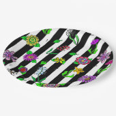 白黒ストライプのフローラ ペーパープレート (アングル)