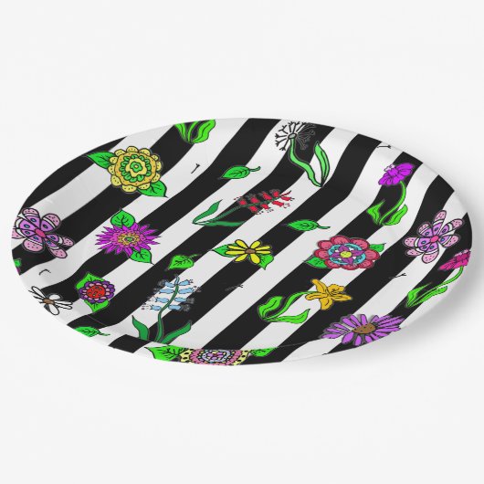 白黒ストライプのフローラ ペーパープレート (アングル)