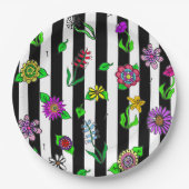 白黒ストライプのフローラ ペーパープレート (正面)
