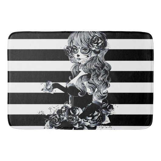 白黒ストライプの可愛いシュガースカルガール バスマット (正面)