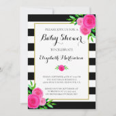 白黒ストライプの水カラーフローラベビーシャワー 招待状 (正面)