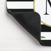 白黒ストライプの水彩フローラモノグラム マウスパッド (コーナー)