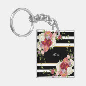 白黒ストライプの牡丹&金ゴールドパーソナライズされた キーホルダー (正面左)
