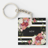 白黒ストライプの牡丹&金ゴールドパーソナライズされた キーホルダー (正面)
