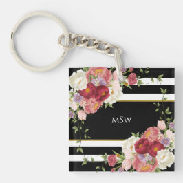 白黒ストライプの牡丹&金ゴールドパーソナライズされた キーホルダー